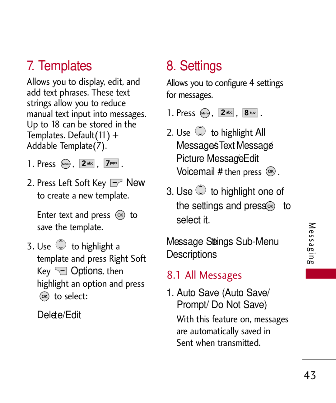 LG Electronics MMBB0309701, UX585 manual Templates, Settings, All Messages 