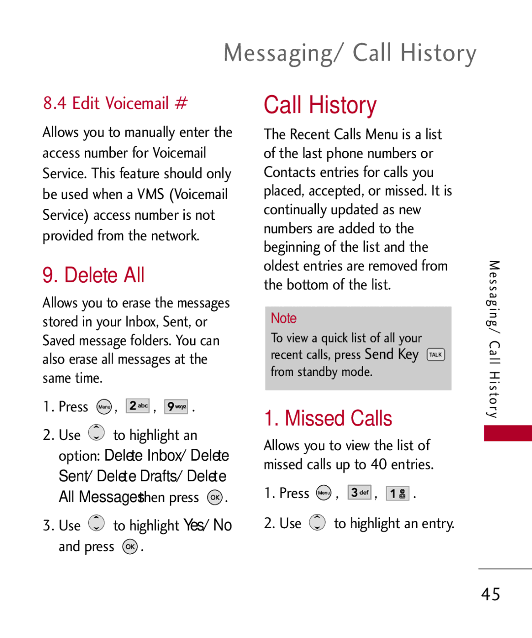 LG Electronics MMBB0309701, UX585 manual Messaging/ Call History, Delete All, Missed Calls, Edit Voicemail # 