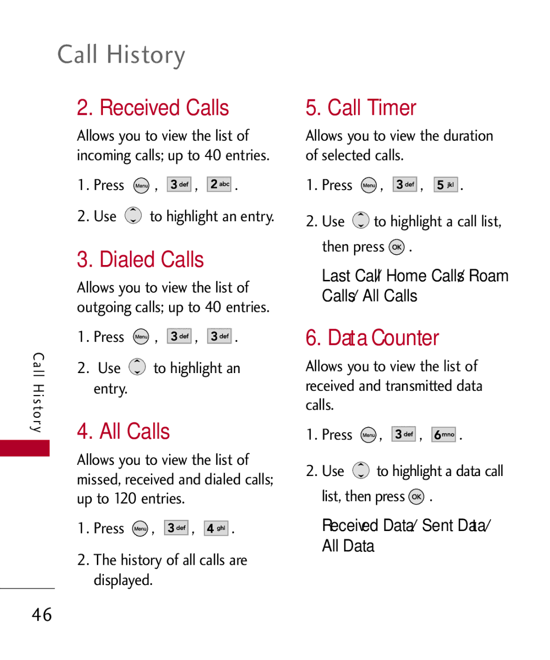 LG Electronics UX585, MMBB0309701 manual Call History, Received Calls, Dialed Calls, Call Timer, Data Counter 