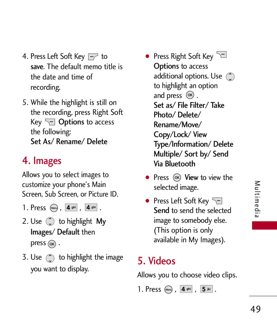 LG Electronics MMBB0309701, UX585 manual Videos, Press Use to highlight My Images/ Default then press, Multimedia 