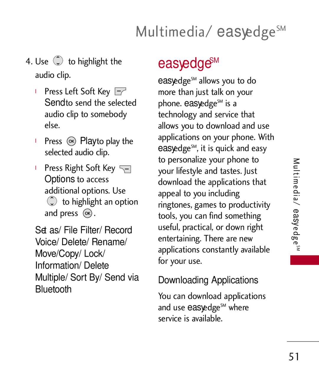 LG Electronics MMBB0309701, UX585 manual Multimedia/ easyedgeSM, Downloading Applications, Use to highlight the audio clip 