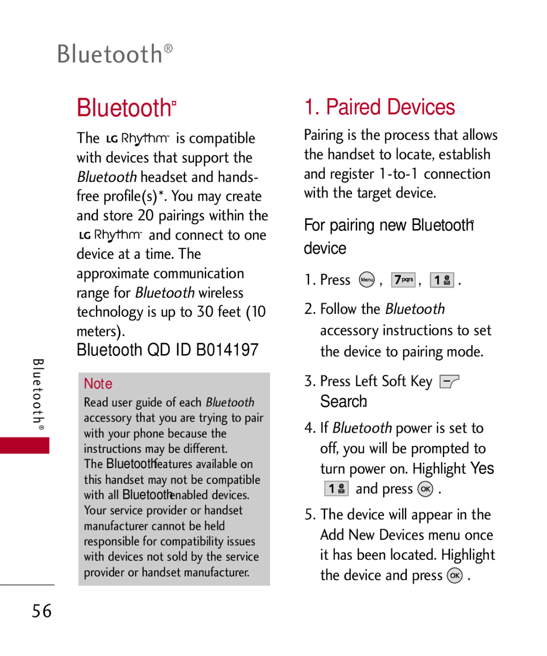 LG Electronics UX585, MMBB0309701 manual Paired Devices, For pairing new Bluetooth device 