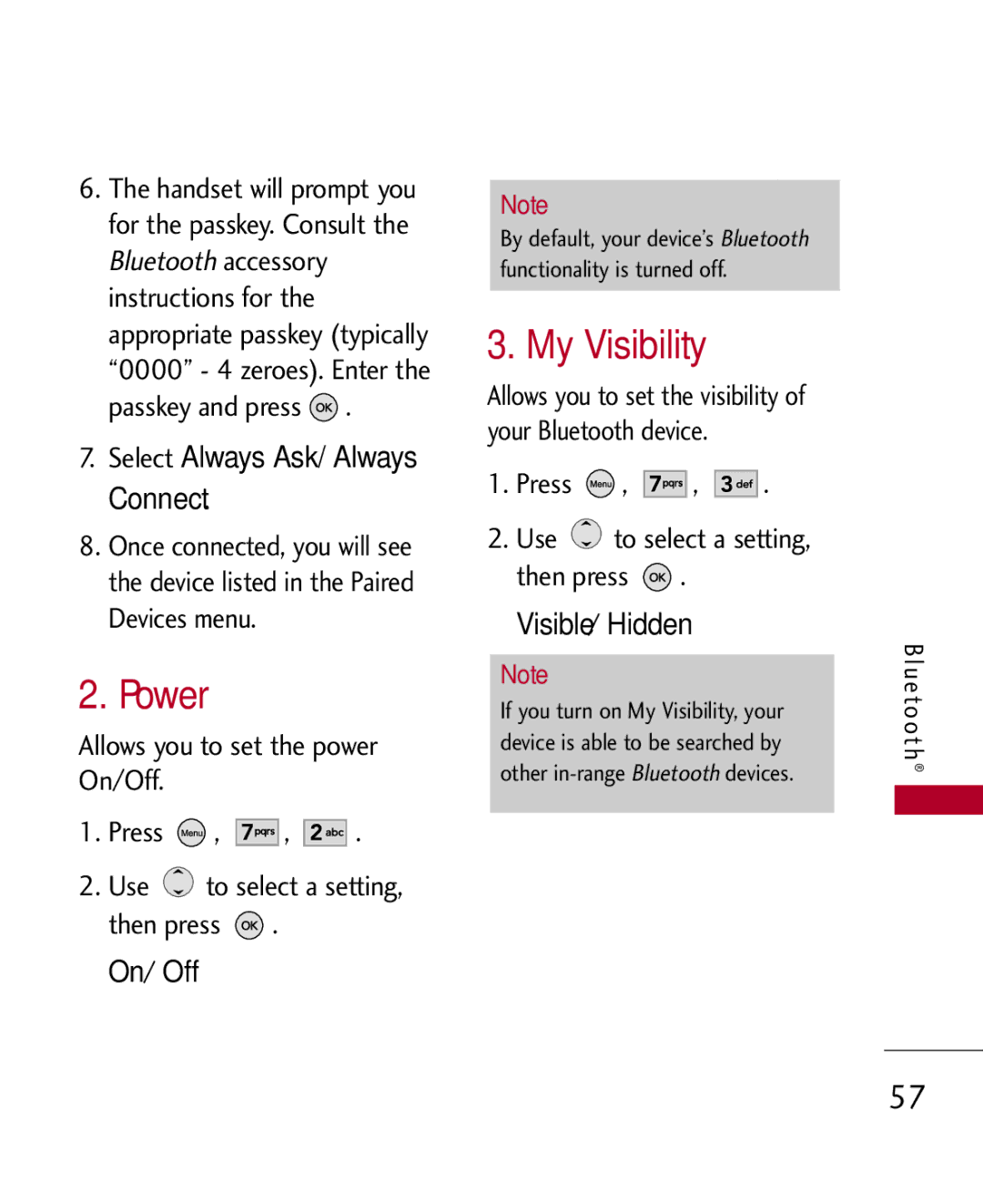 LG Electronics MMBB0309701, UX585 manual Power, My Visibility, Select Always Ask/ Always Connect, On/ Off, Visible/ Hidden 