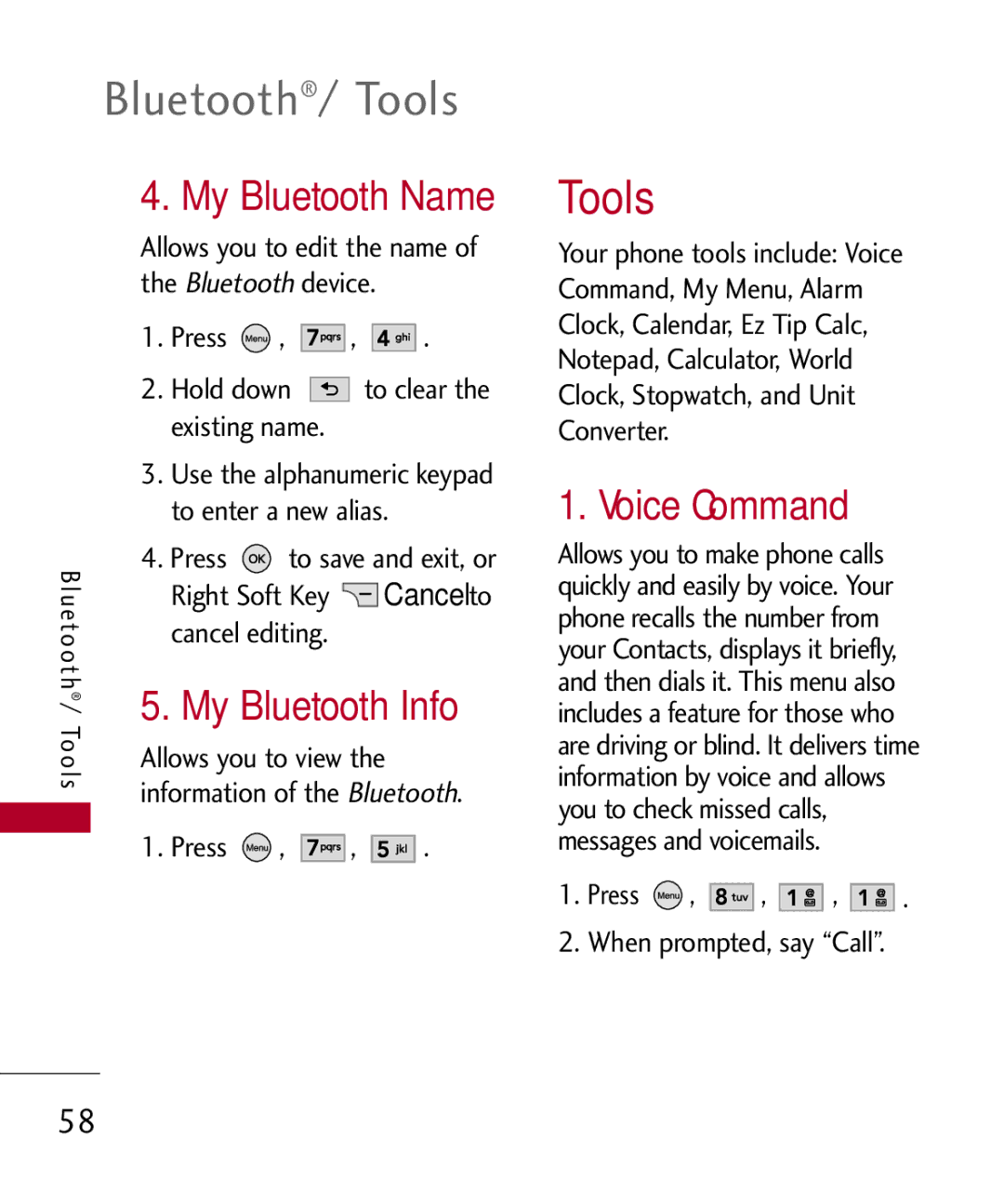 LG Electronics UX585, MMBB0309701 manual Bluetooth/ Tools, My Bluetooth Name, My Bluetooth Info, Voice Command 