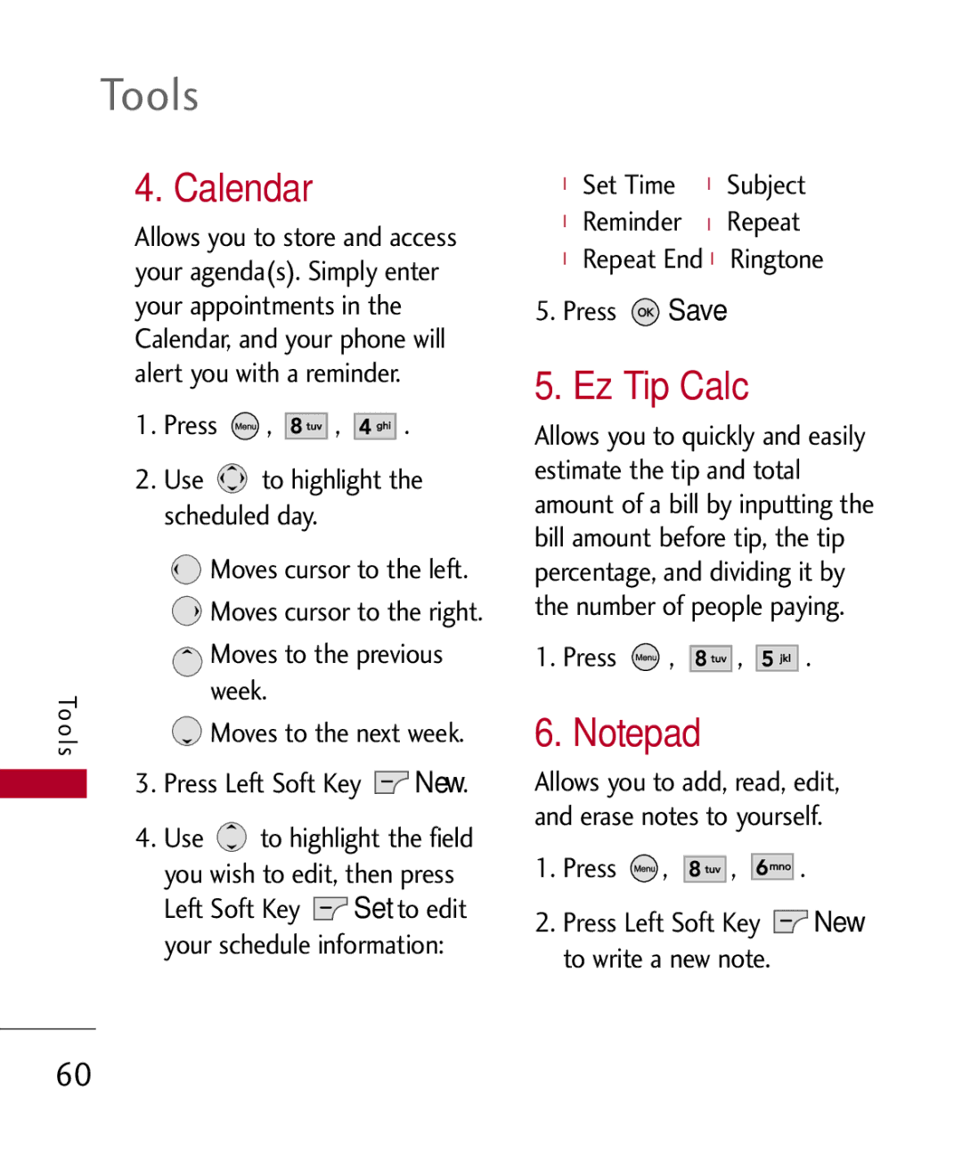 LG Electronics UX585, MMBB0309701 manual Tools, Calendar, Ez Tip Calc 