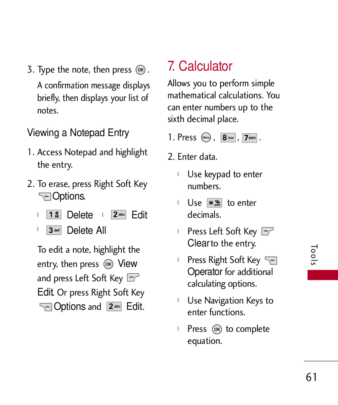 LG Electronics MMBB0309701, UX585 manual Calculator, Viewing a Notepad Entry, Options Delete Edit Delete All 