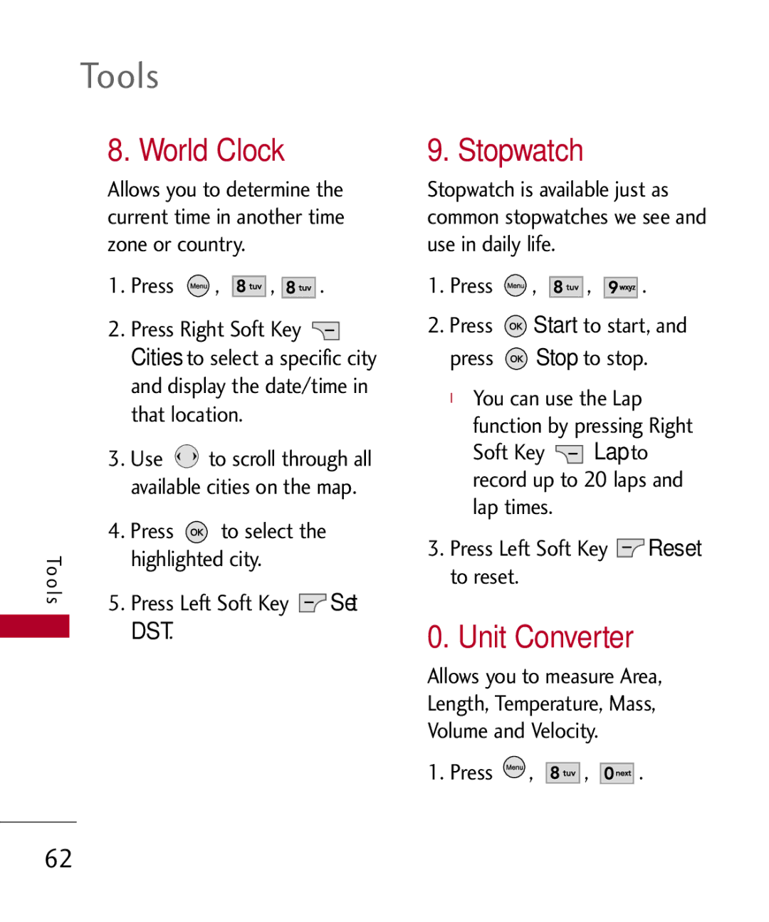 LG Electronics UX585, MMBB0309701 manual World Clock, Stopwatch, Unit Converter, Cities 