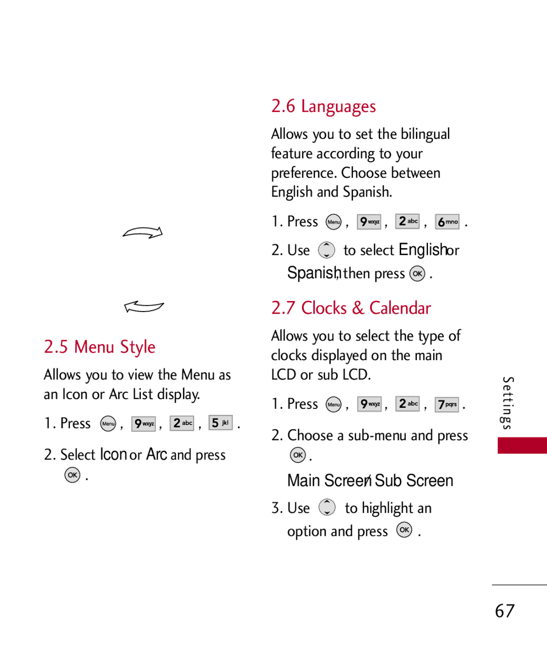 LG Electronics MMBB0309701, UX585 manual Menu Style, Languages, Clocks & Calendar, Spanish, Main Screen/ Sub Screen 