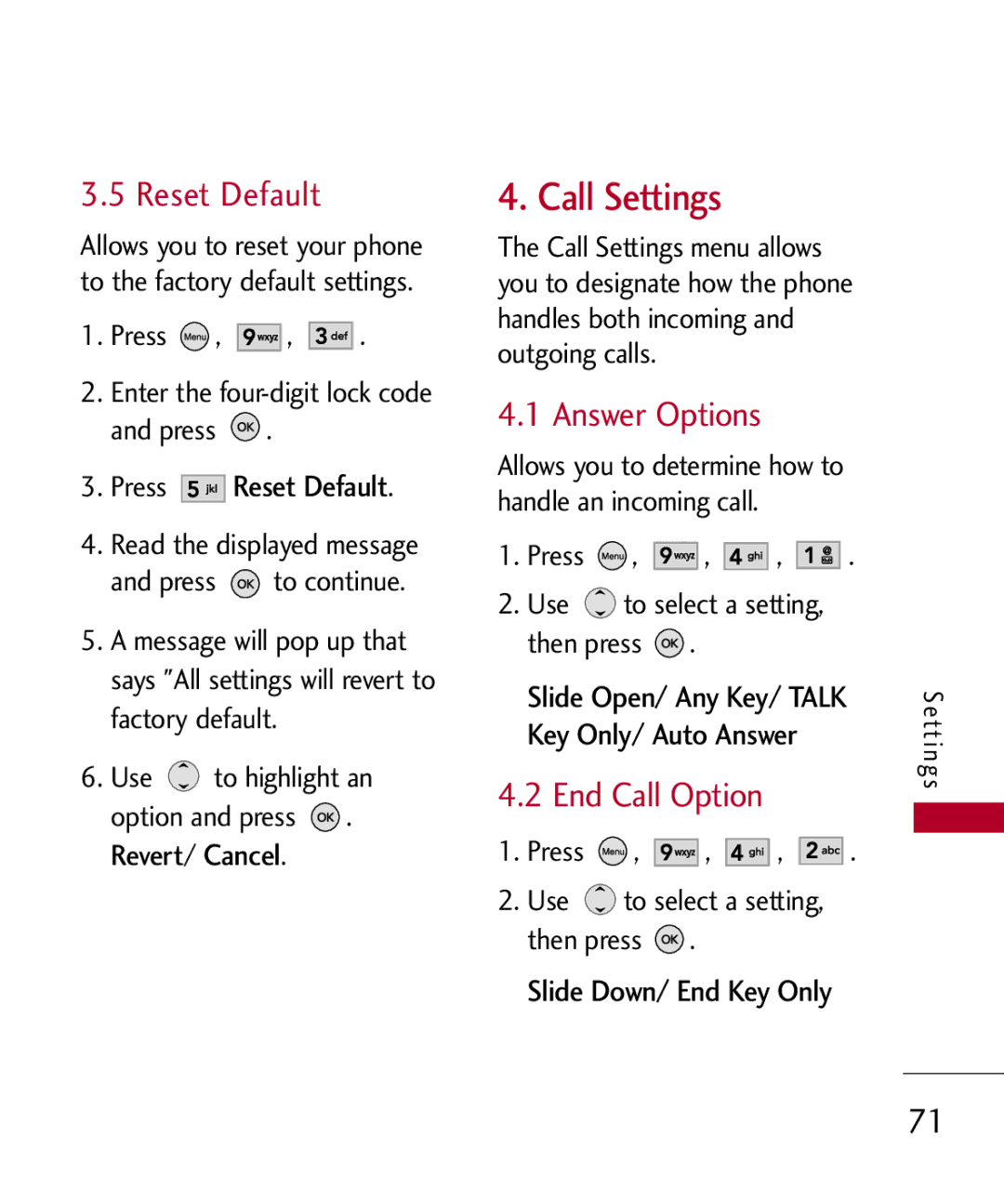 LG Electronics MMBB0309701, UX585 manual Call Settings, Reset Default, Answer Options, End Call Option 