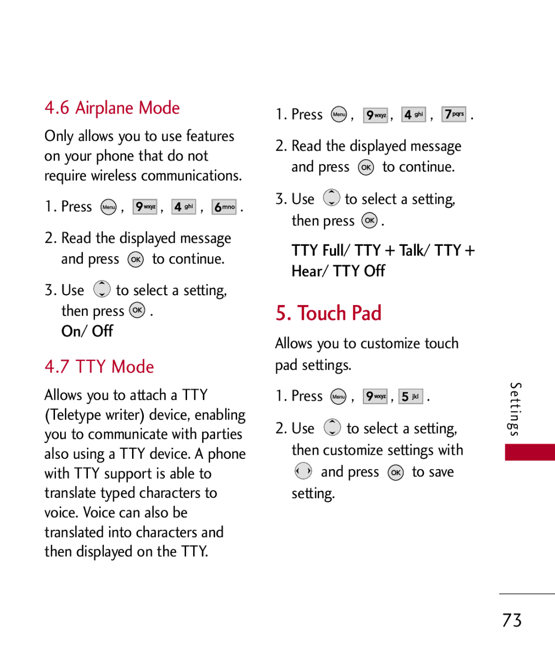 LG Electronics MMBB0309701, UX585 manual Touch Pad, Airplane Mode, TTY Mode, TTY Full/ TTY + Talk/ TTY + Hear/ TTY Off 