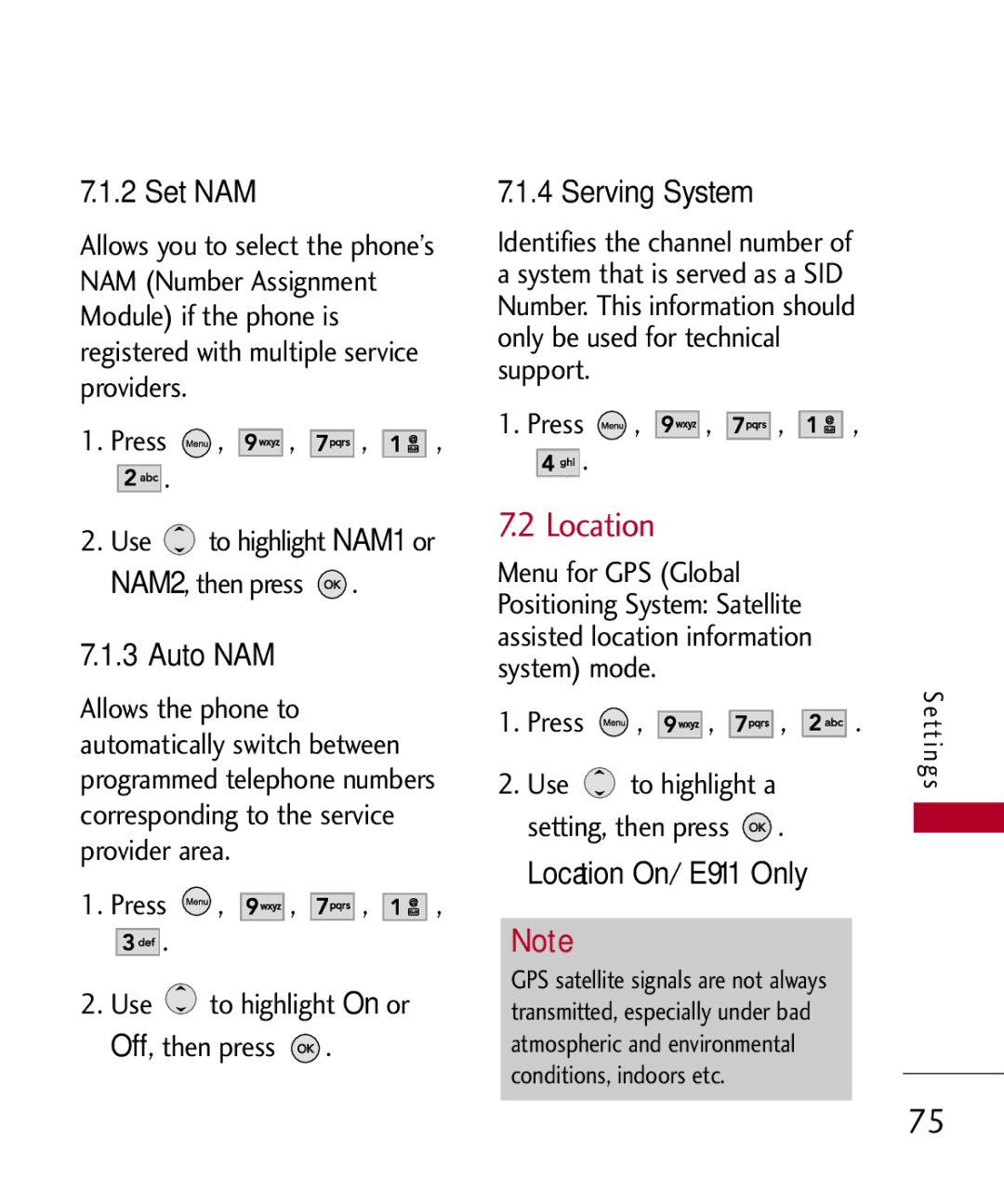 LG Electronics MMBB0309701, UX585 manual Set NAM, Auto NAM, Serving System, Location On/ E911 Only 