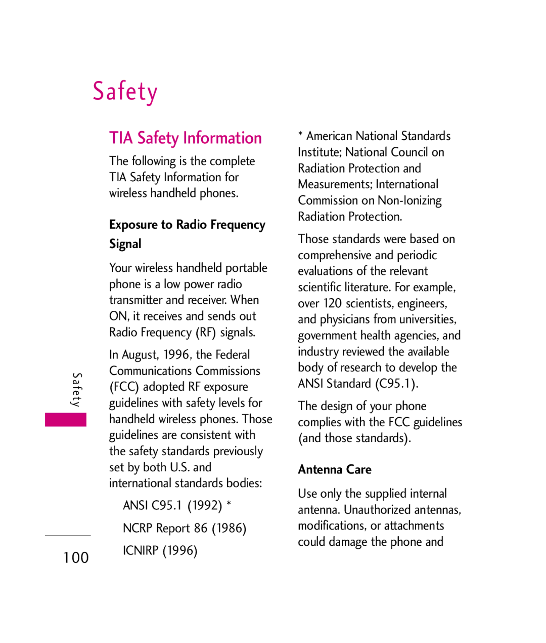 LG Electronics UX840H, MMBB0339801(1.0) manual TIA Safety Information, Signal, Antenna Care 