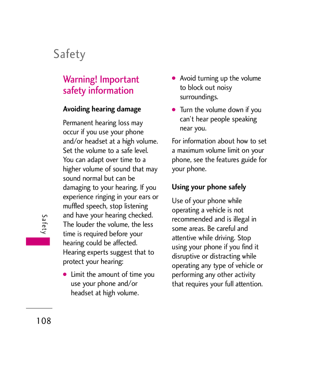 LG Electronics UX840H, MMBB0339801(1.0) manual 108, Avoiding hearing damage, Using your phone safely 