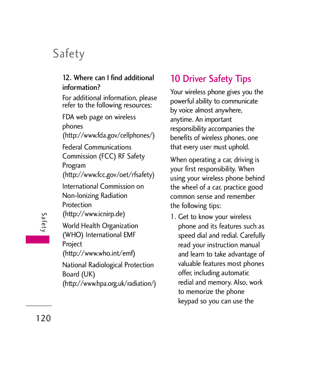 LG Electronics UX840H, MMBB0339801(1.0) manual Driver Safety Tips, 120, Information? 