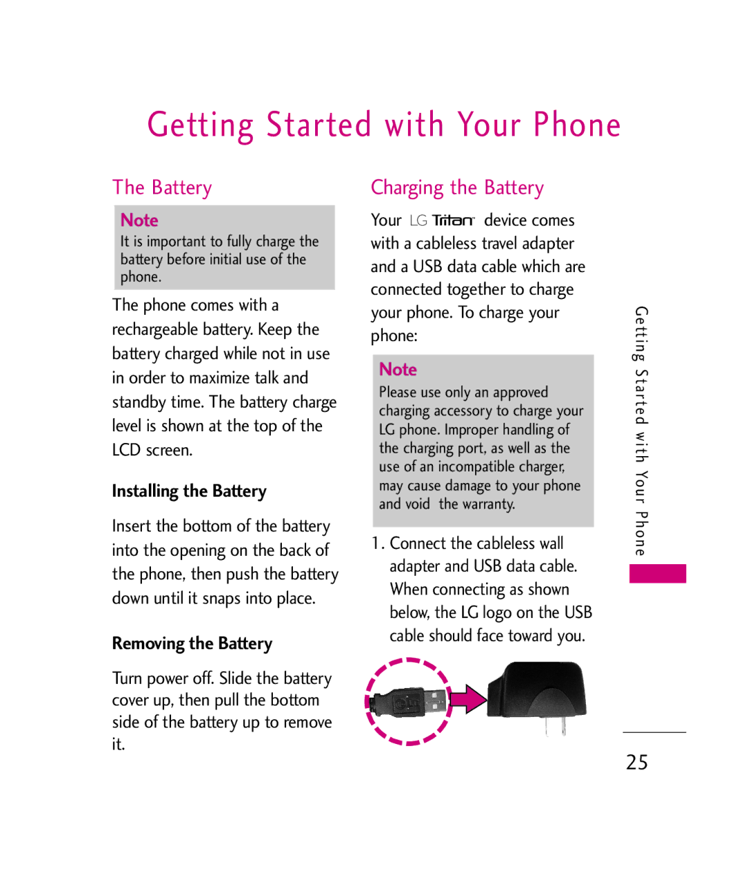 LG Electronics MMBB0339801(1.0), UX840H Getting Started with Your Phone, Charging the Battery, Installing the Battery 