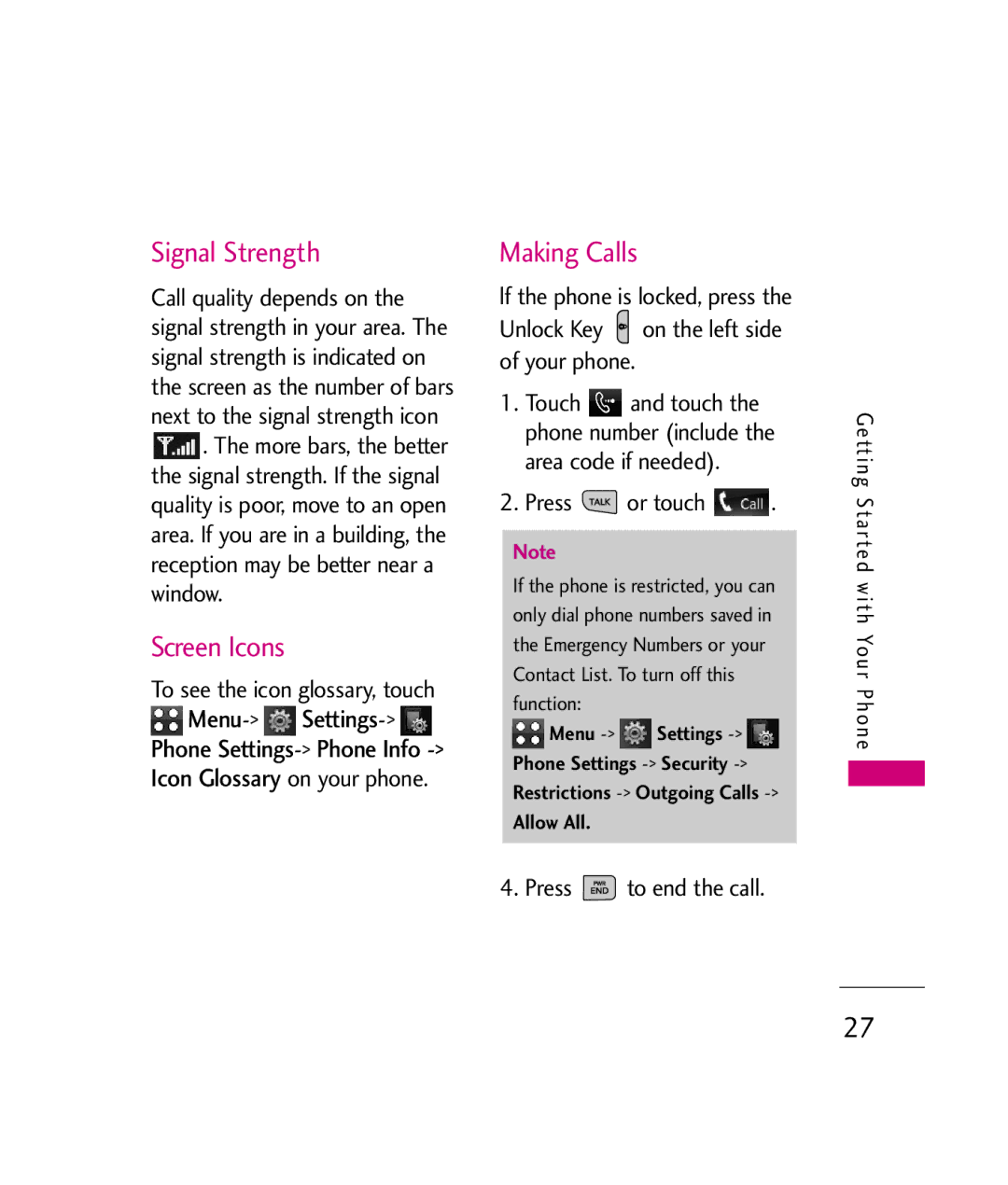 LG Electronics MMBB0339801(1.0), UX840H Signal Strength, Screen Icons, Making Calls, Press or touch, Press to end the call 