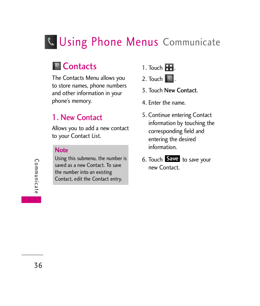 LG Electronics UX840H manual Contacts, New Contact, Allows you to add a new contact to your Contact List, Enter the name 