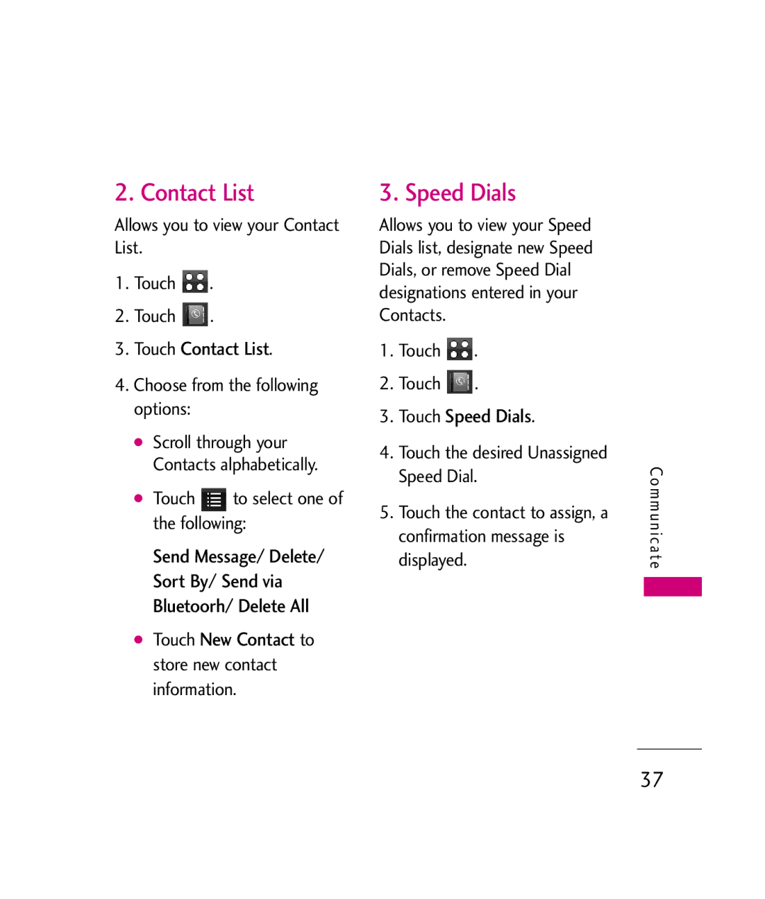 LG Electronics MMBB0339801(1.0), UX840H manual Contact List, Touch Speed Dials 