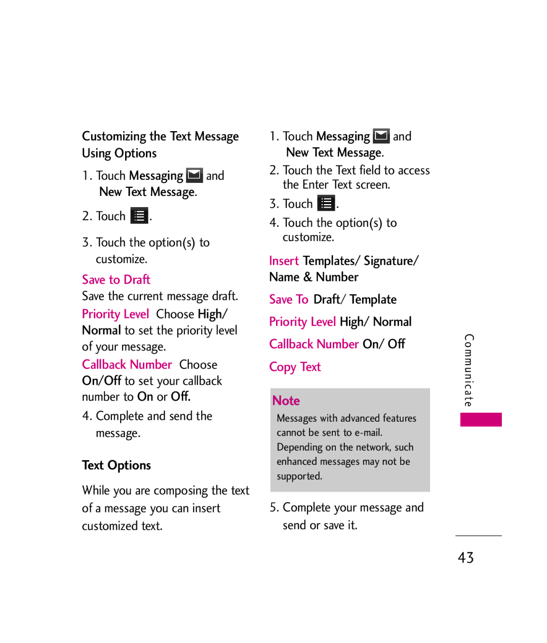 LG Electronics MMBB0339801(1.0) Customizing the Text Message Using Options, Text Options, Complete and send the message 