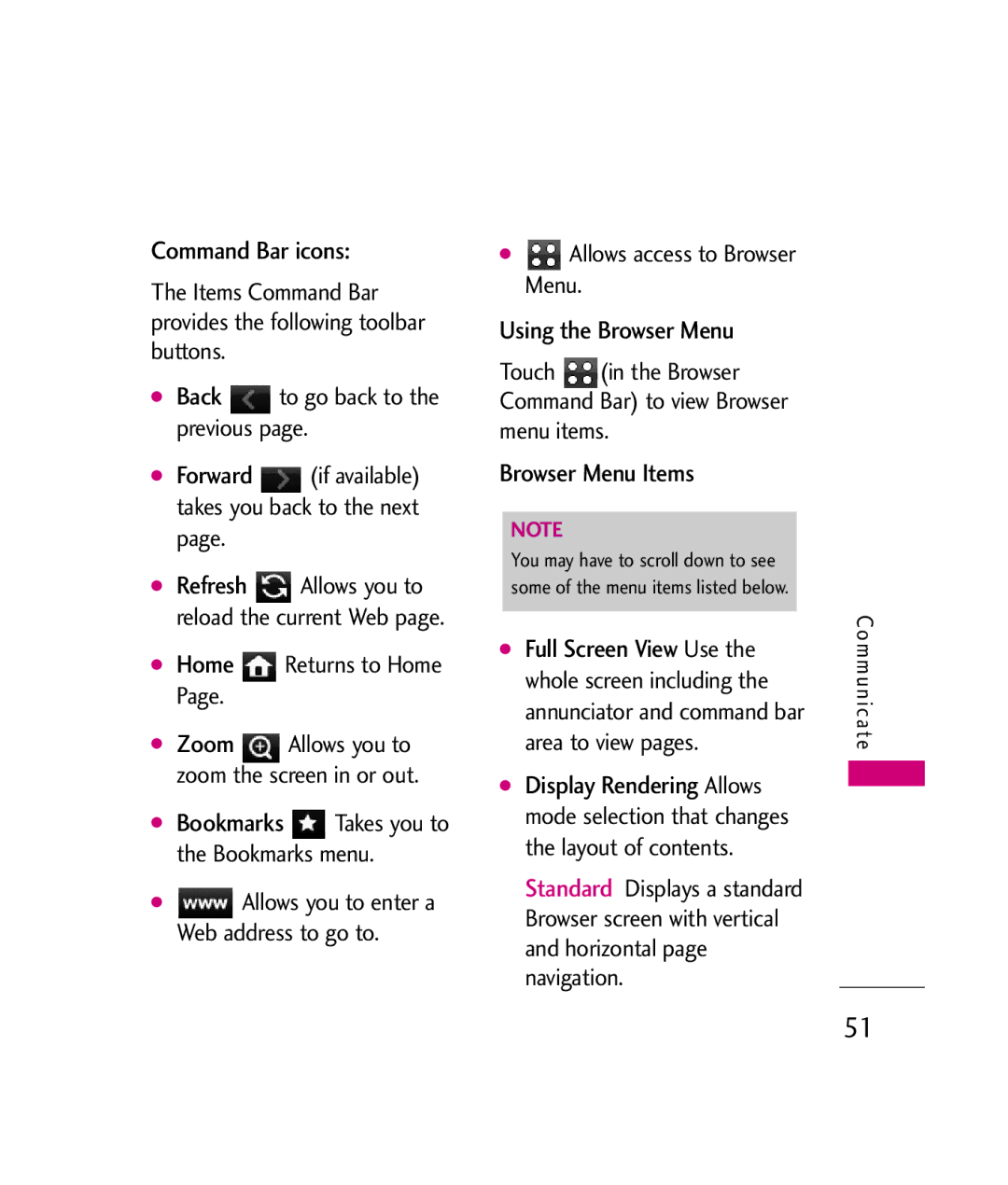 LG Electronics MMBB0339801(1.0), UX840H manual Command Bar icons, Using the Browser Menu, Browser Menu Items 