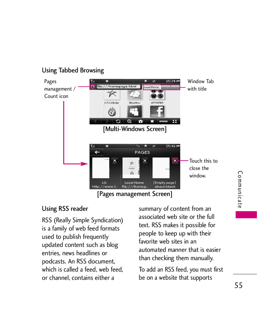 LG Electronics MMBB0339801(1.0) Using Tabbed Browsing, Multi-Windows Screen, Pages management Screen, Using RSS reader 