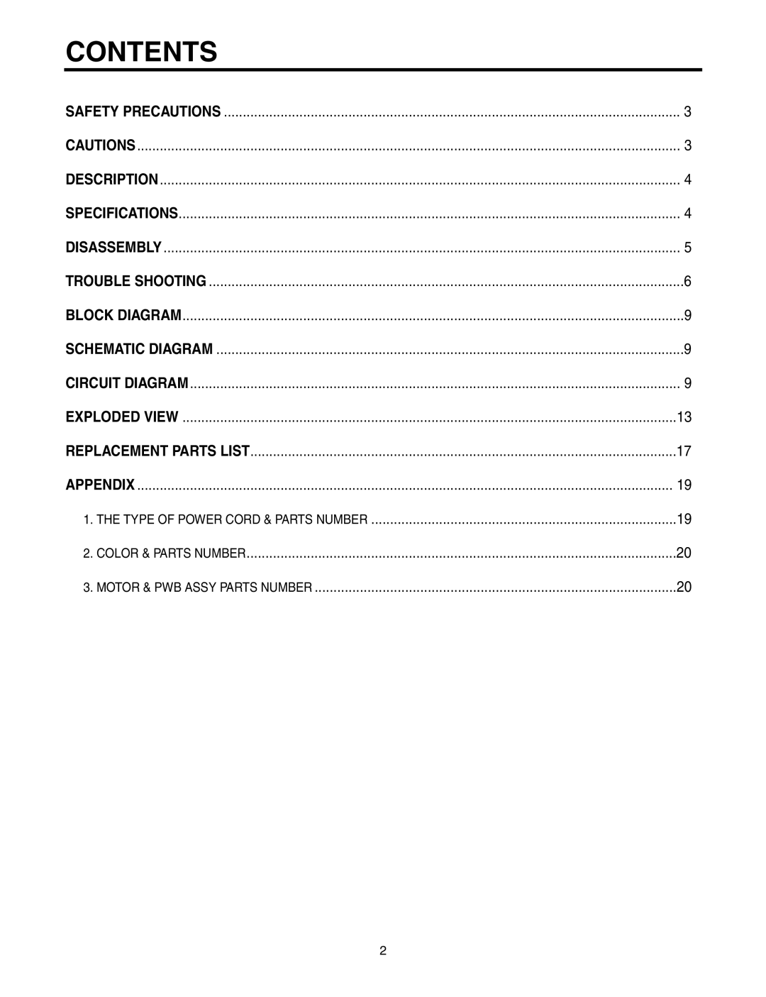 LG Electronics V-C7050HT, V-C7070CT, V-C7070CP, V-C7050NT service manual Contents 