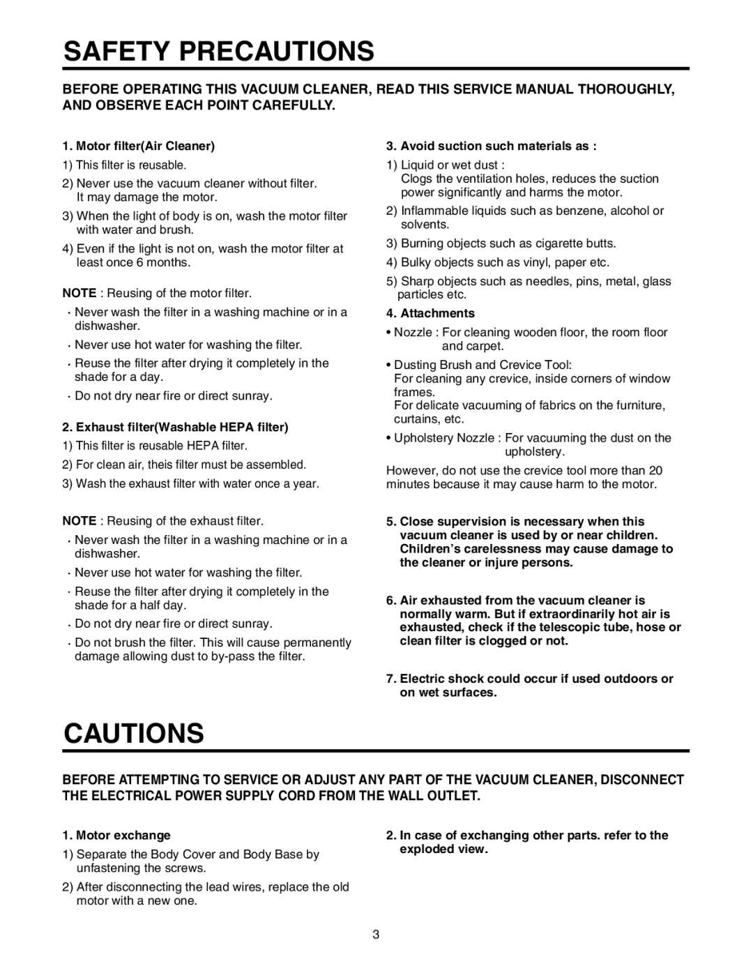 LG Electronics V-C7050NT, V-C7070CT, V-C7070CP, V-C7050HT service manual Safety Precautions, Motor filterAir Cleaner 