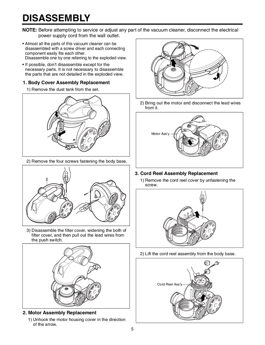 LG Electronics V-C7070CP, V-C7070CT, V-C7050HT, V-C7050NT service manual Disassembly, Body Cover Assembly Replacement 