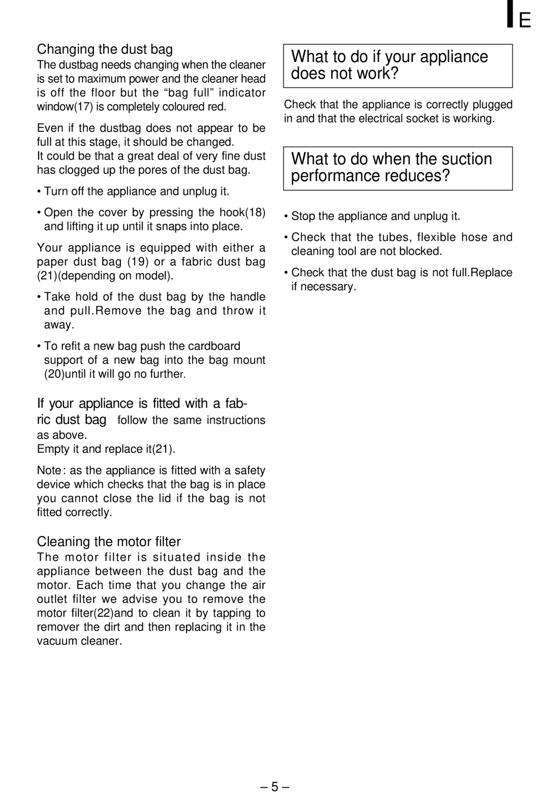 LG Electronics V-CP243NDG/RTS, V-CP243RDN/RTN manual What to do if your appliance does not work?, Changing the dust bag 