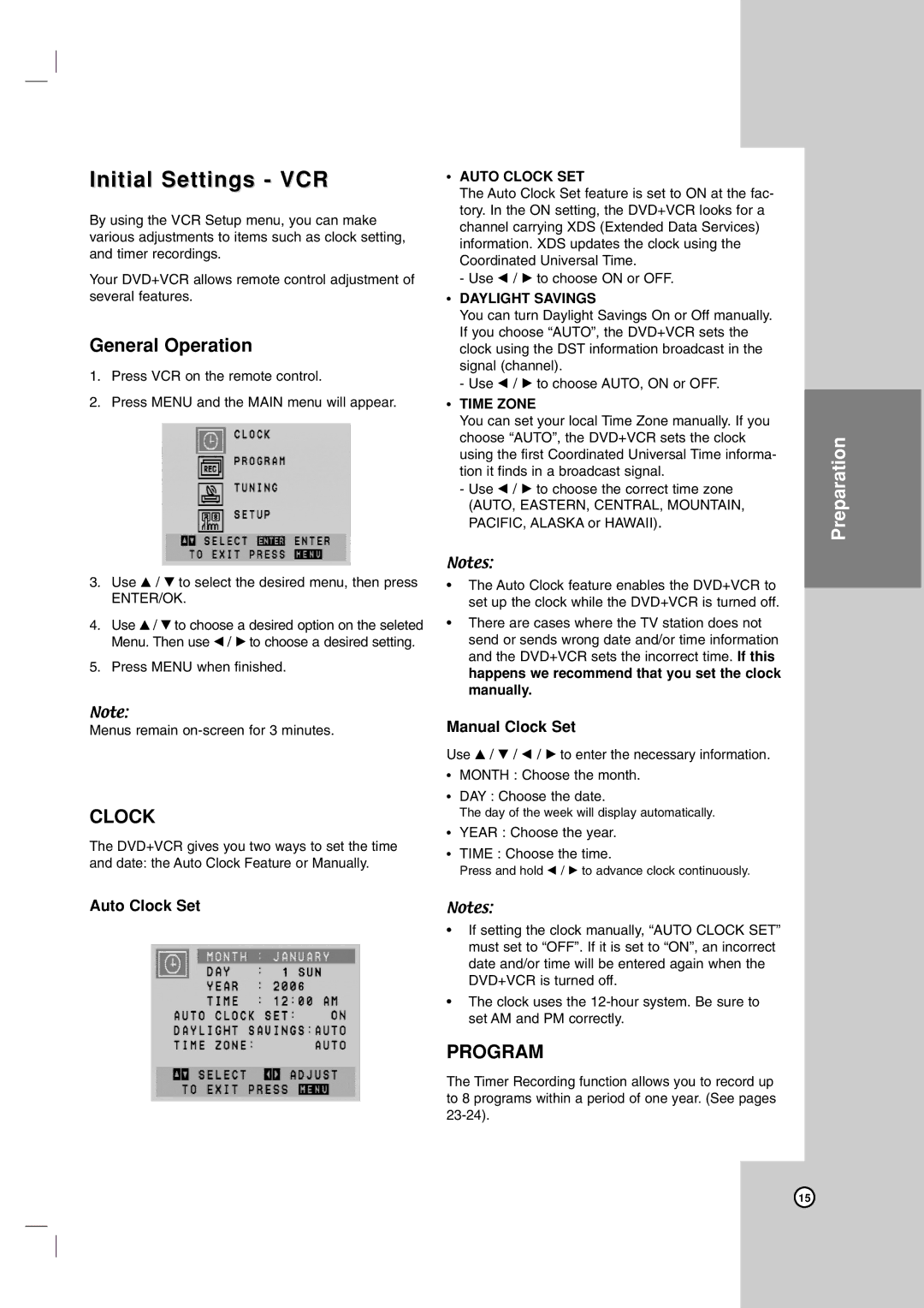 LG Electronics V194H owner manual Initial Settings VCR, General Operation, Auto Clock Set, Manual Clock Set 