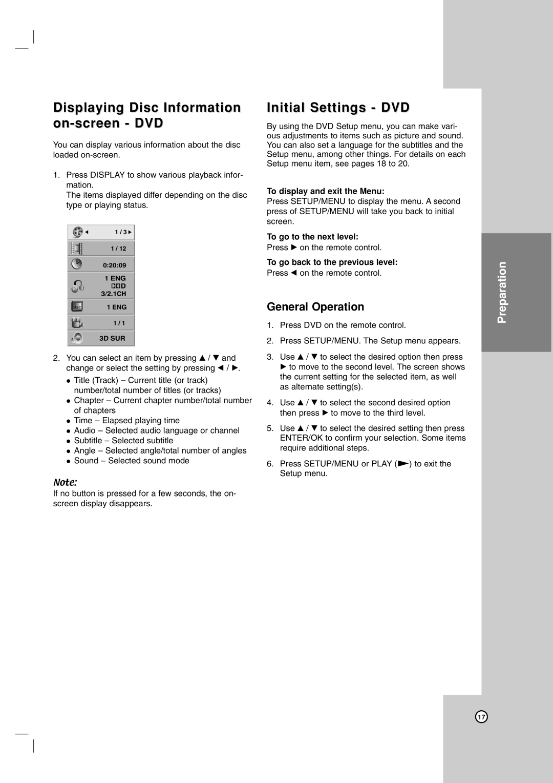 LG Electronics V194H Displaying Disc Information on-screen DVD, Initial Settings DVD, To display and exit the Menu 