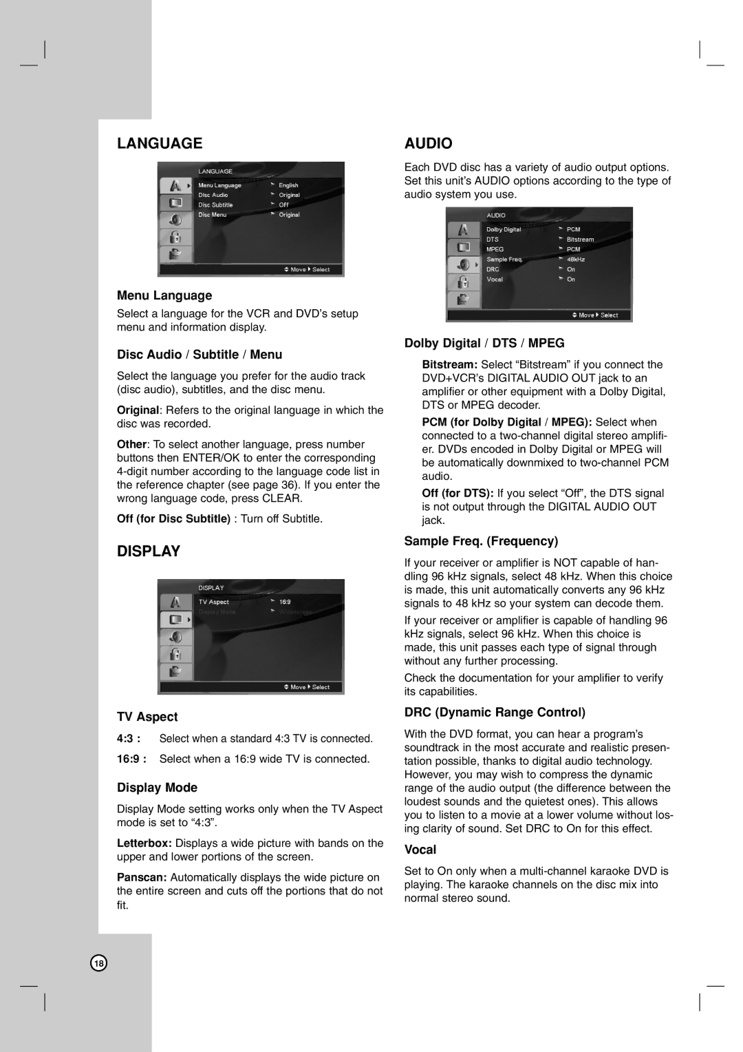 LG Electronics V194H Menu Language, Disc Audio / Subtitle / Menu, TV Aspect, Display Mode, Dolby Digital / DTS / Mpeg 