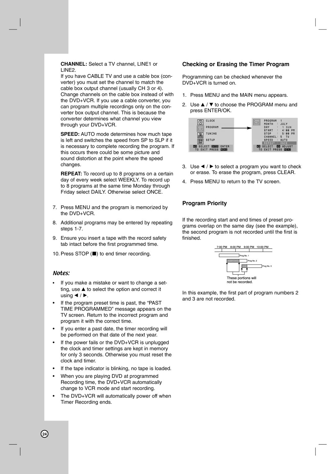 LG Electronics V194H owner manual Checking or Erasing the Timer Program, Program Priority 