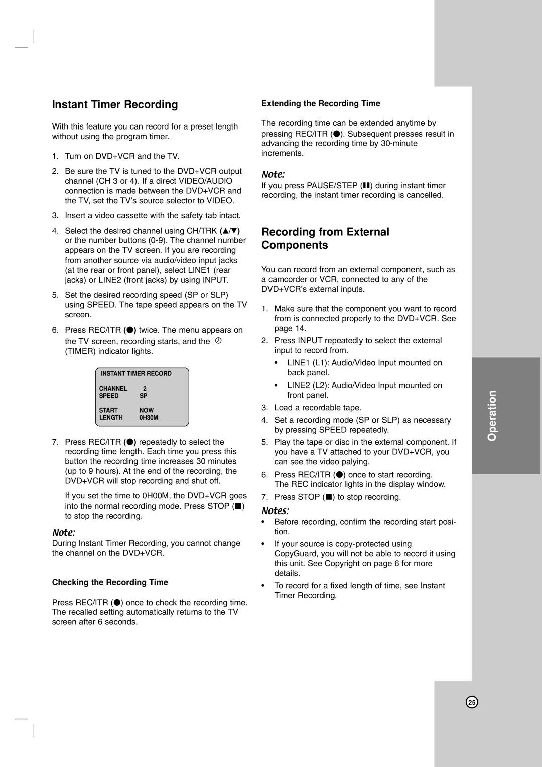 LG Electronics V194H owner manual Instant Timer Recording, Recording from External Components, Checking the Recording Time 