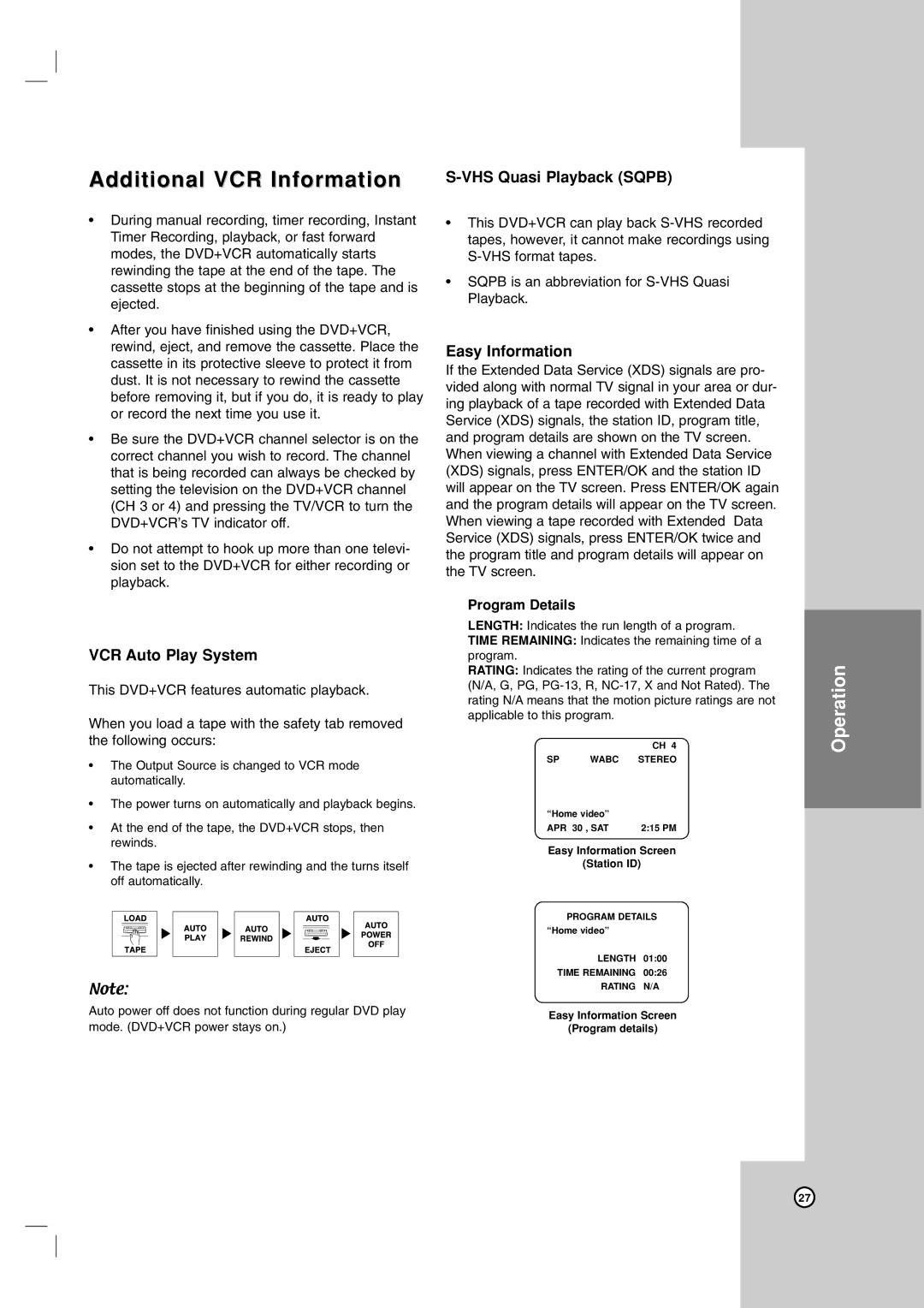 LG Electronics V194H Additional VCR Information, VCR Auto Play System, VHS Quasi Playback Sqpb, Easy Information 