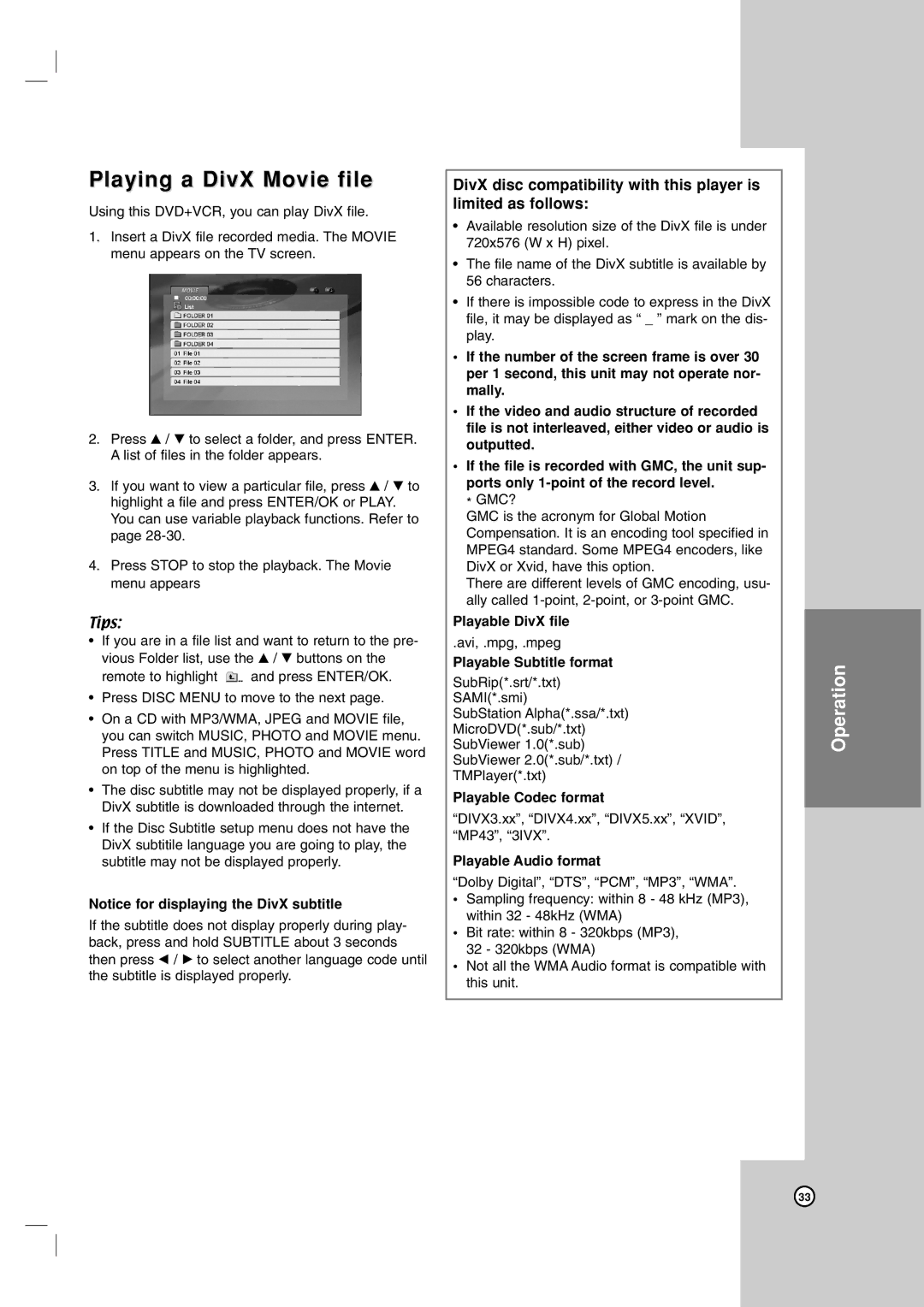 LG Electronics V194H Playing a DivX Movie file, Playable DivX file, Playable Subtitle format, Playable Codec format 