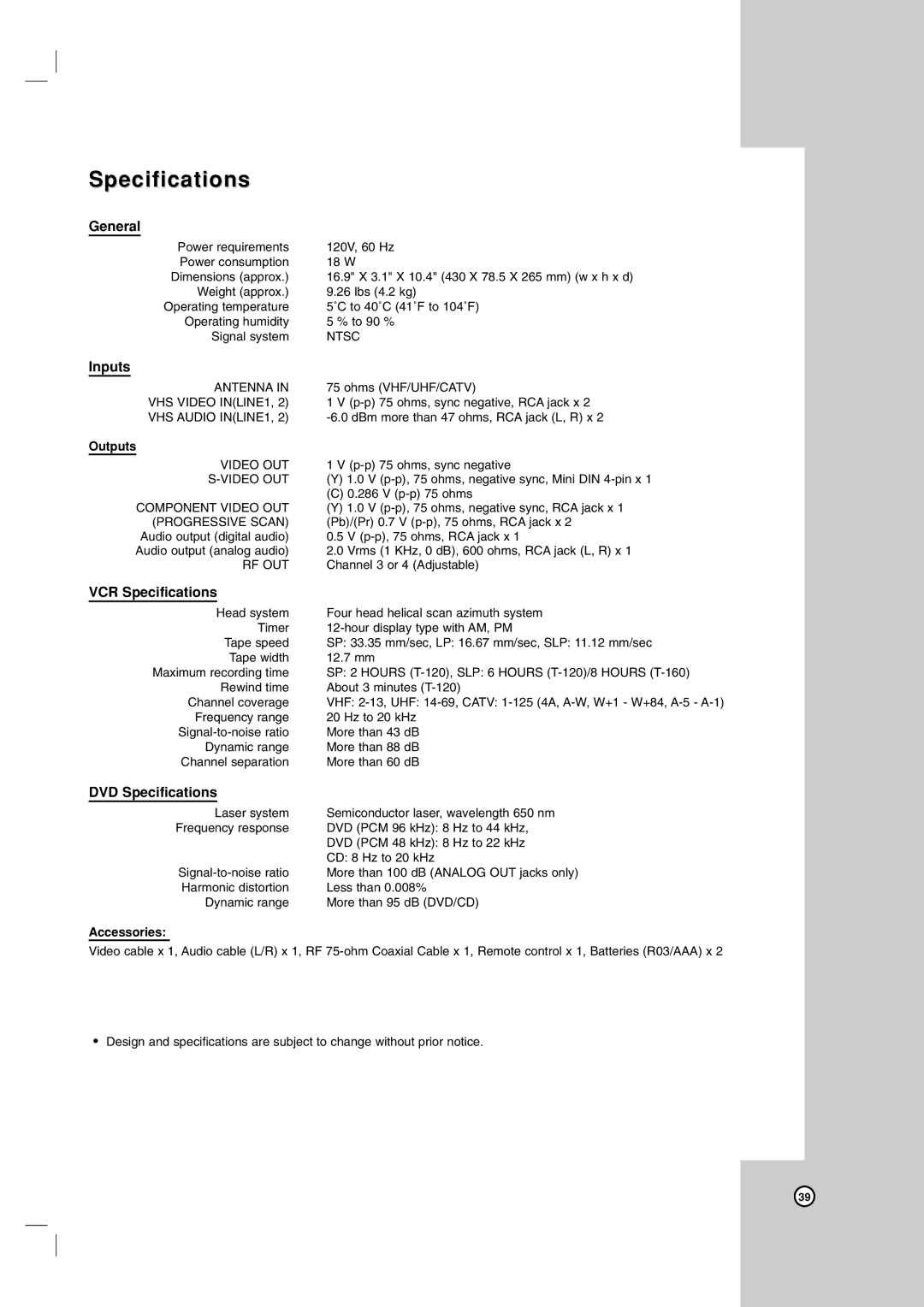 LG Electronics V194H owner manual General, Inputs, VCR Specifications, DVD Specifications 