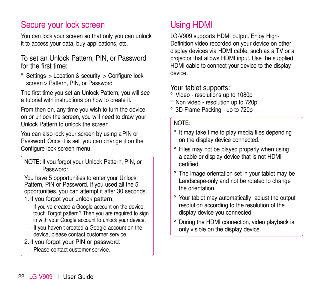 LG Electronics V909 manual Secure your lock screen, Using Hdmi, Your tablet supports, If you forgot your unlock pattern 
