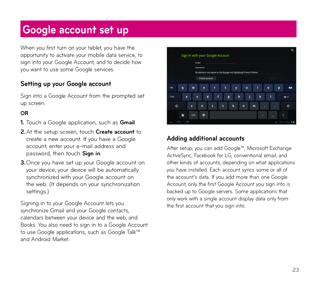 LG Electronics V909 manual Google account set up, Setting up your Google account, Adding additional accounts 