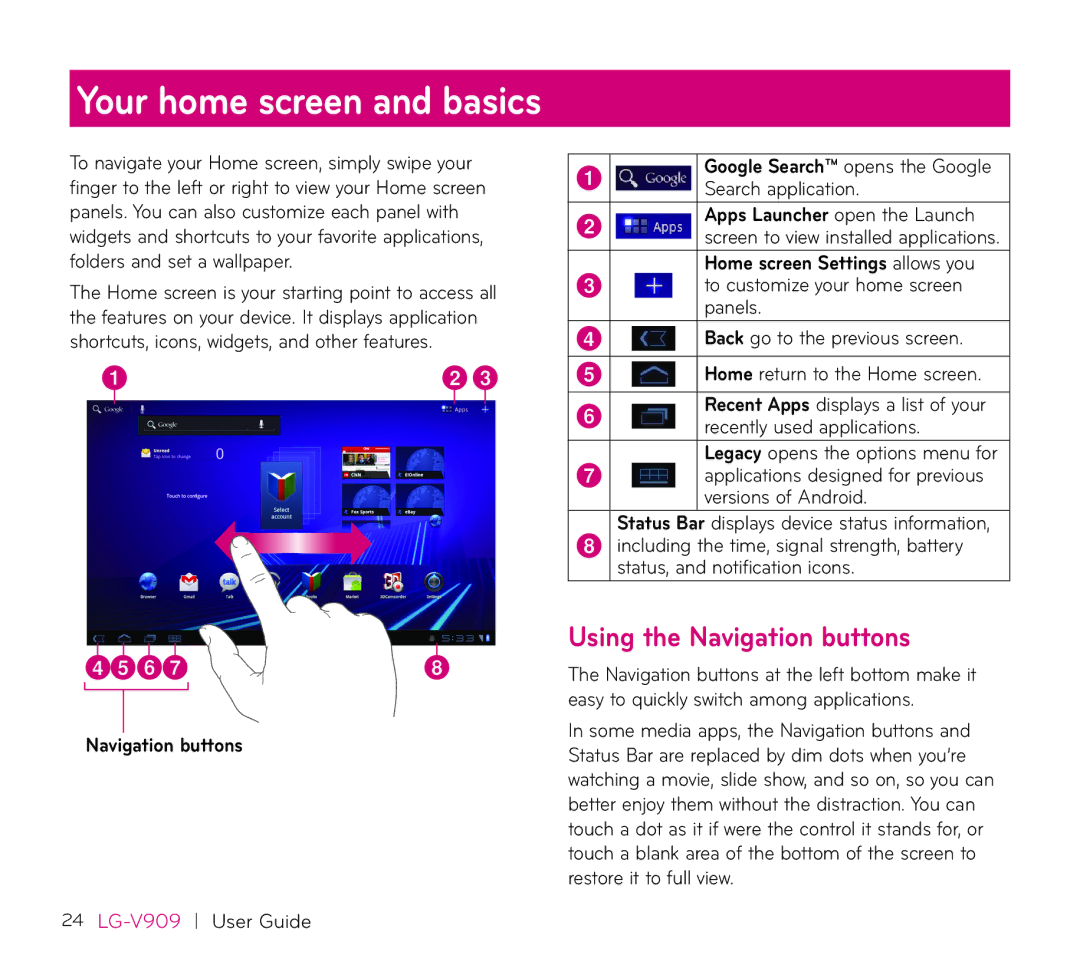 LG Electronics V909 manual Using the Navigation buttons, Google Search opens the Google Search application 