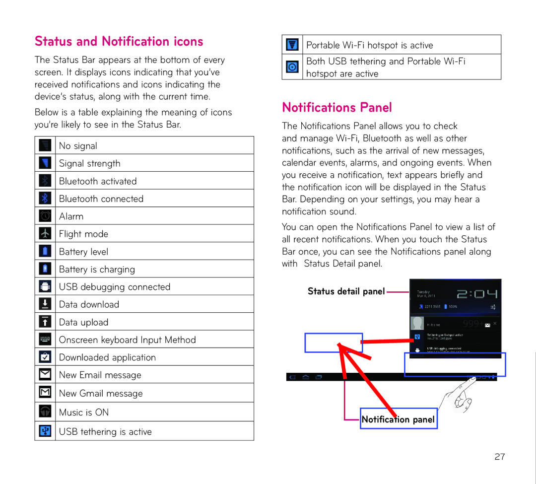 LG Electronics V909 manual Status and Notification icons, Notifications Panel, Status detail panel Notification panel 