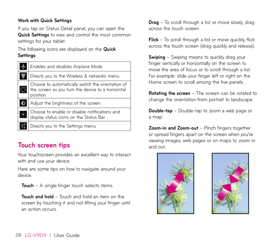 LG Electronics V909 manual Touch screen tips, Work with Quick Settings, Directs you to the Settings menu 