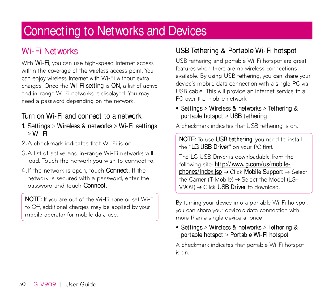 LG Electronics V909 manual Connecting to Networks and Devices, Wi-Fi Networks, Turn on Wi-Fi and connect to a network 