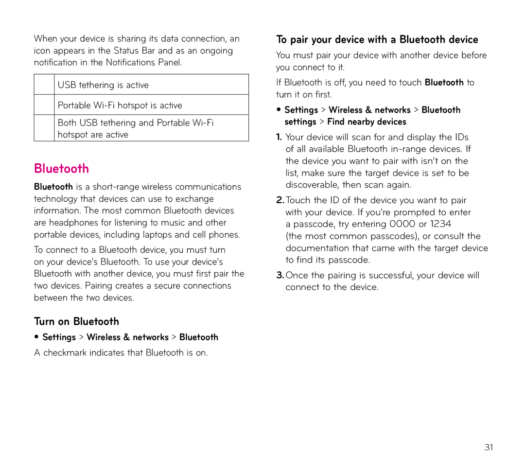 LG Electronics V909 manual Turn on Bluetooth, To pair your device with a Bluetooth device 