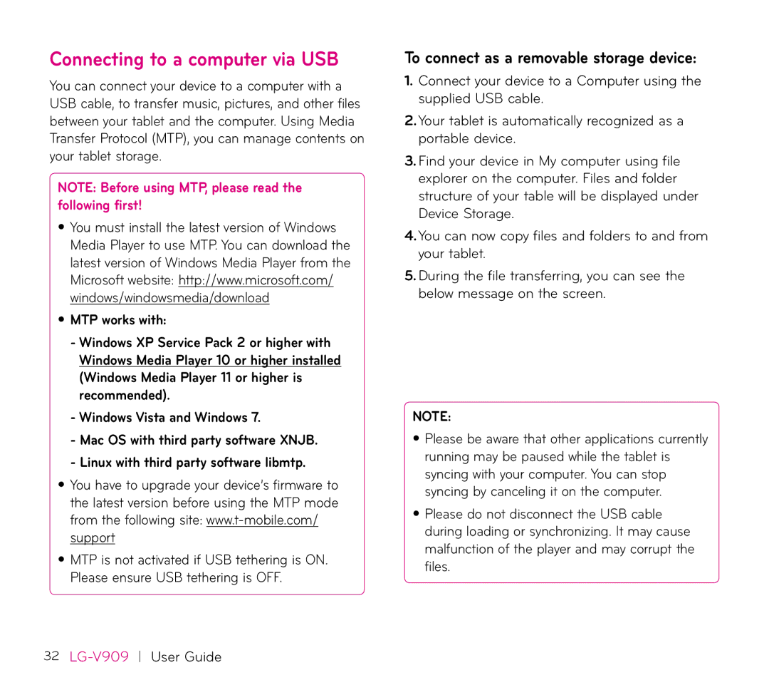 LG Electronics V909 manual Connecting to a computer via USB, To connect as a removable storage device, MTP works with 