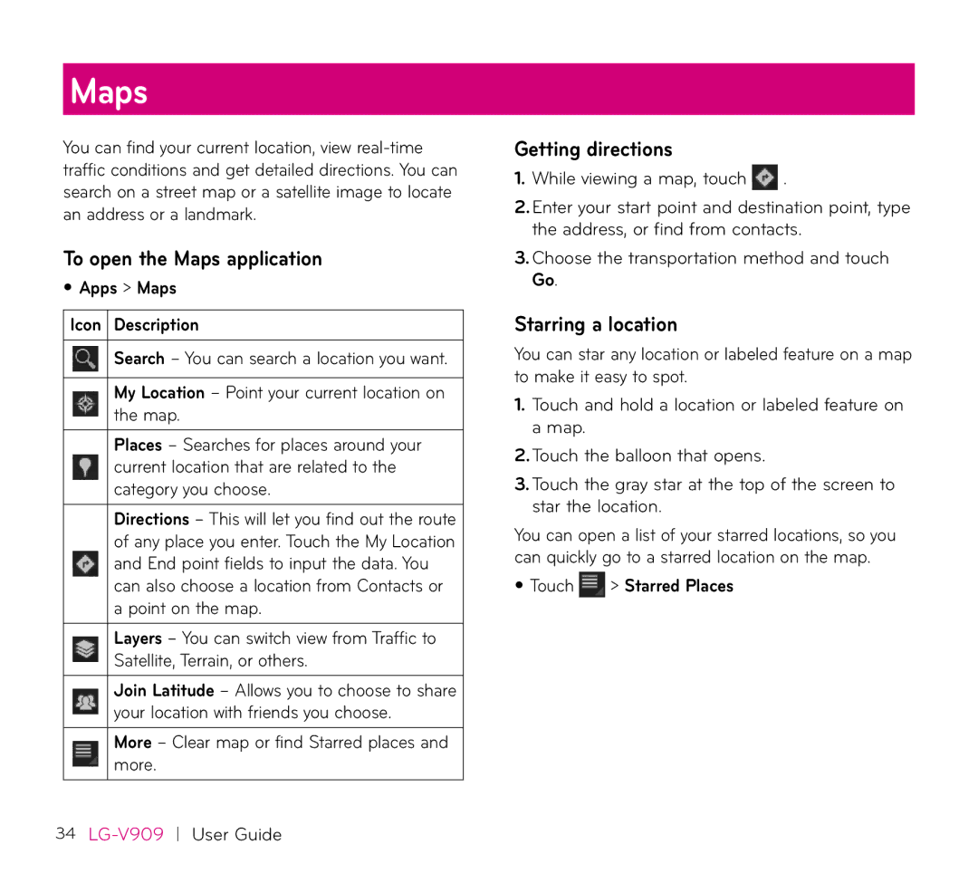 LG Electronics V909 manual To open the Maps application, Getting directions, Starring a location 