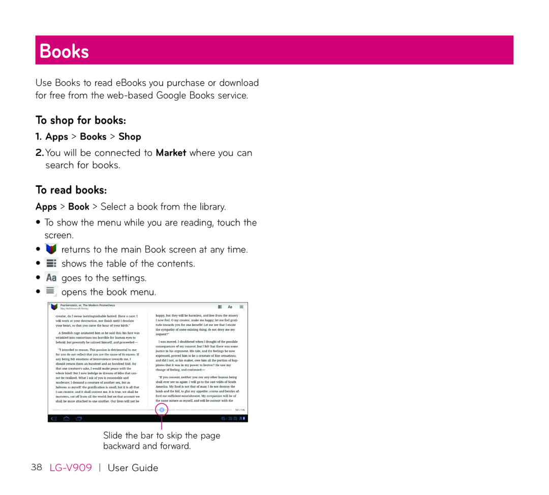 LG Electronics V909 manual To shop for books, To read books, Apps Books Shop 