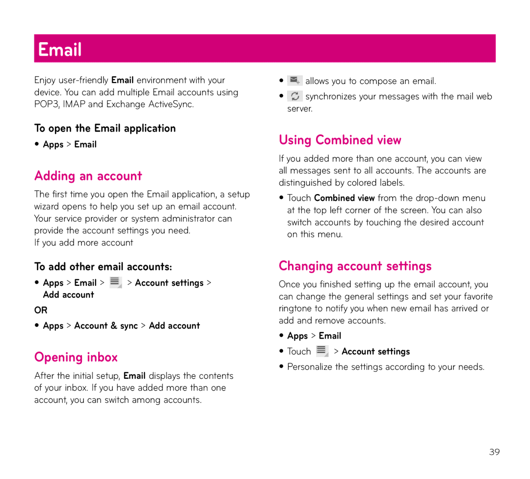 LG Electronics V909 manual Adding an account, Opening inbox, Using Combined view, Changing account settings 