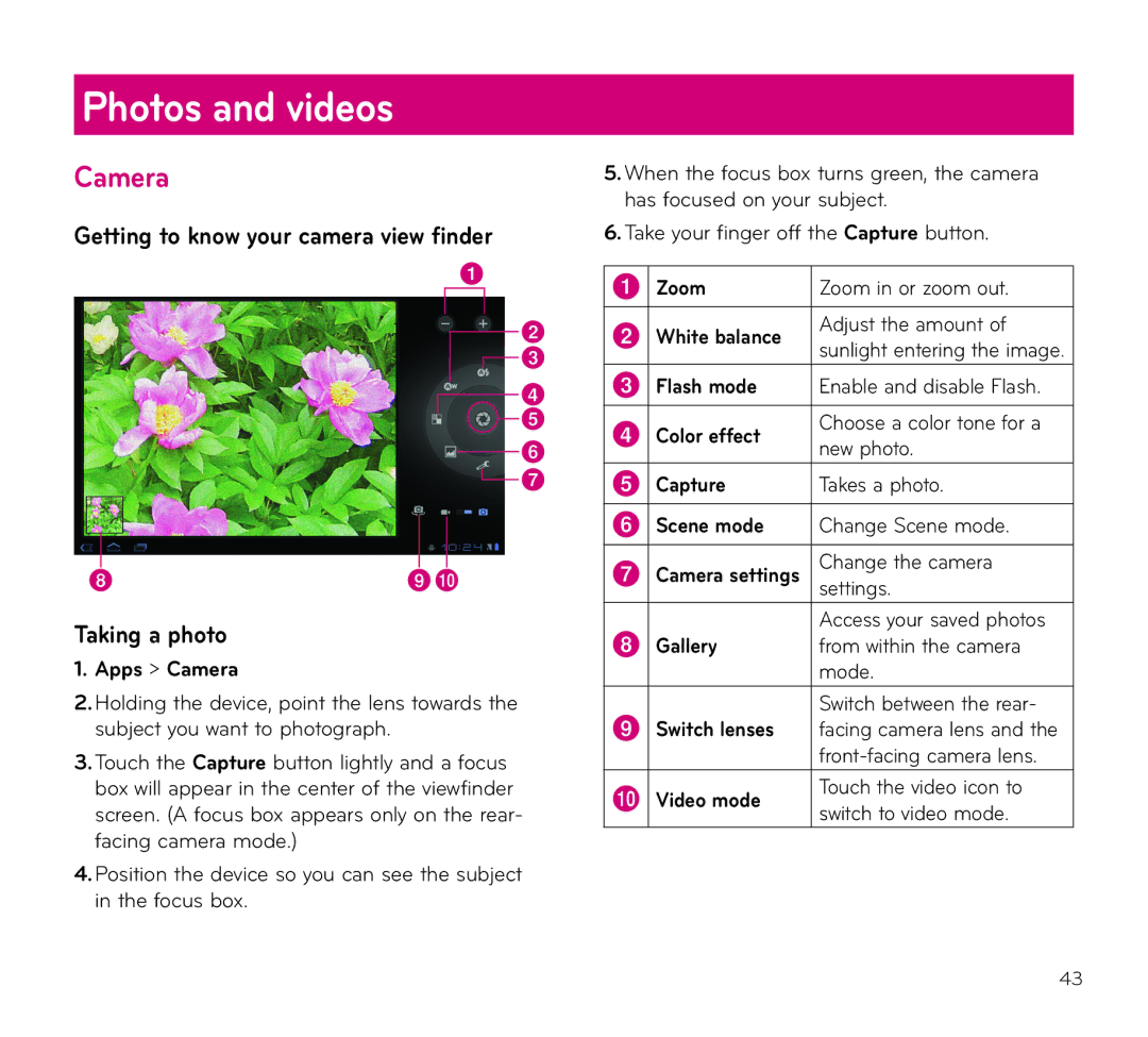 LG Electronics V909 manual Photos and videos, Camera, Getting to know your camera view finder Taking a photo 