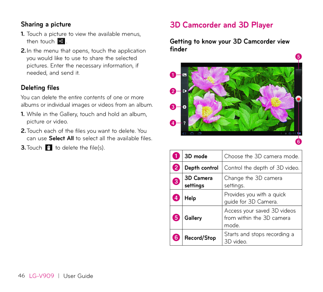 LG Electronics V909 manual 3D Camcorder and 3D Player, Sharing a picture, Deleting files 